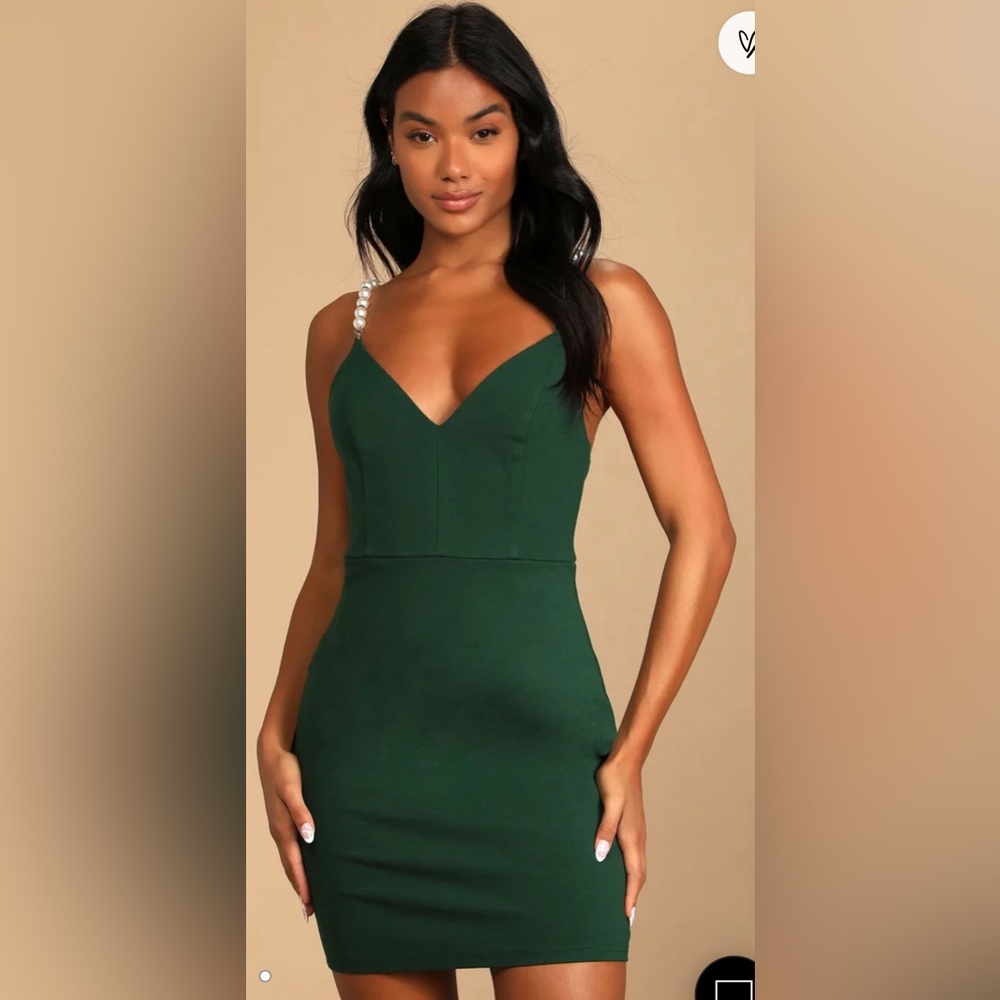 Lulu's Emerald Green Pearl-Strap Mini Dress